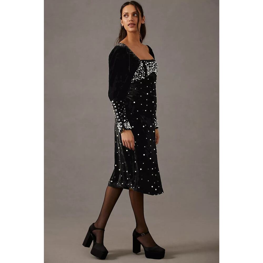 NWT Anthropologie Maeve Embellished Pearl Velvet Dress Size XXS Black #7C454